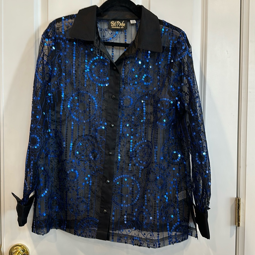 Bob Mackie Wearable Art Black and Blue Geometrical Sequenced Blouse M. EUC
